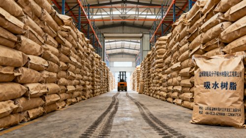 工厂仓储区整齐堆放的丽水高分子吸水树脂产品