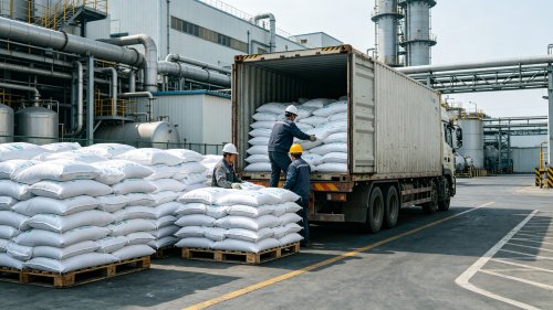 SAP吸水树脂吨袋装车耐盐型聚丙烯酸钾颗粒用于滴灌带附近埋设盐碱地专用厂区实拍