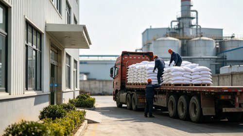 工人正在货车上码放整齐的缓释SAP，批次交联密度稳定释水曲线一致，凝胶强度高反复吸放水后结构完整