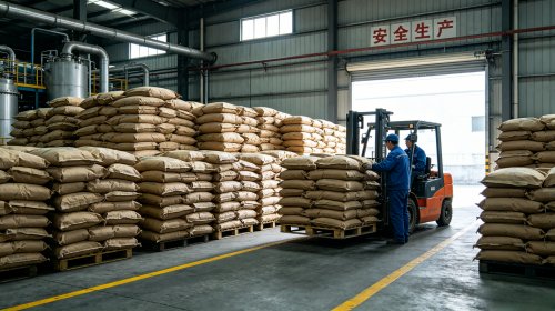 吸水树脂源头工厂仓库，叉车向货车装载高吸水性树脂成品，纯水吸收倍率只是理论值，实际保水取决于盐水与加压条件