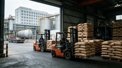 SAP生产地源头工厂仓库，叉车向货车装载高吸水性树脂成品，产地位于山东依托丙烯酸原料配套与蒸汽成本优势
